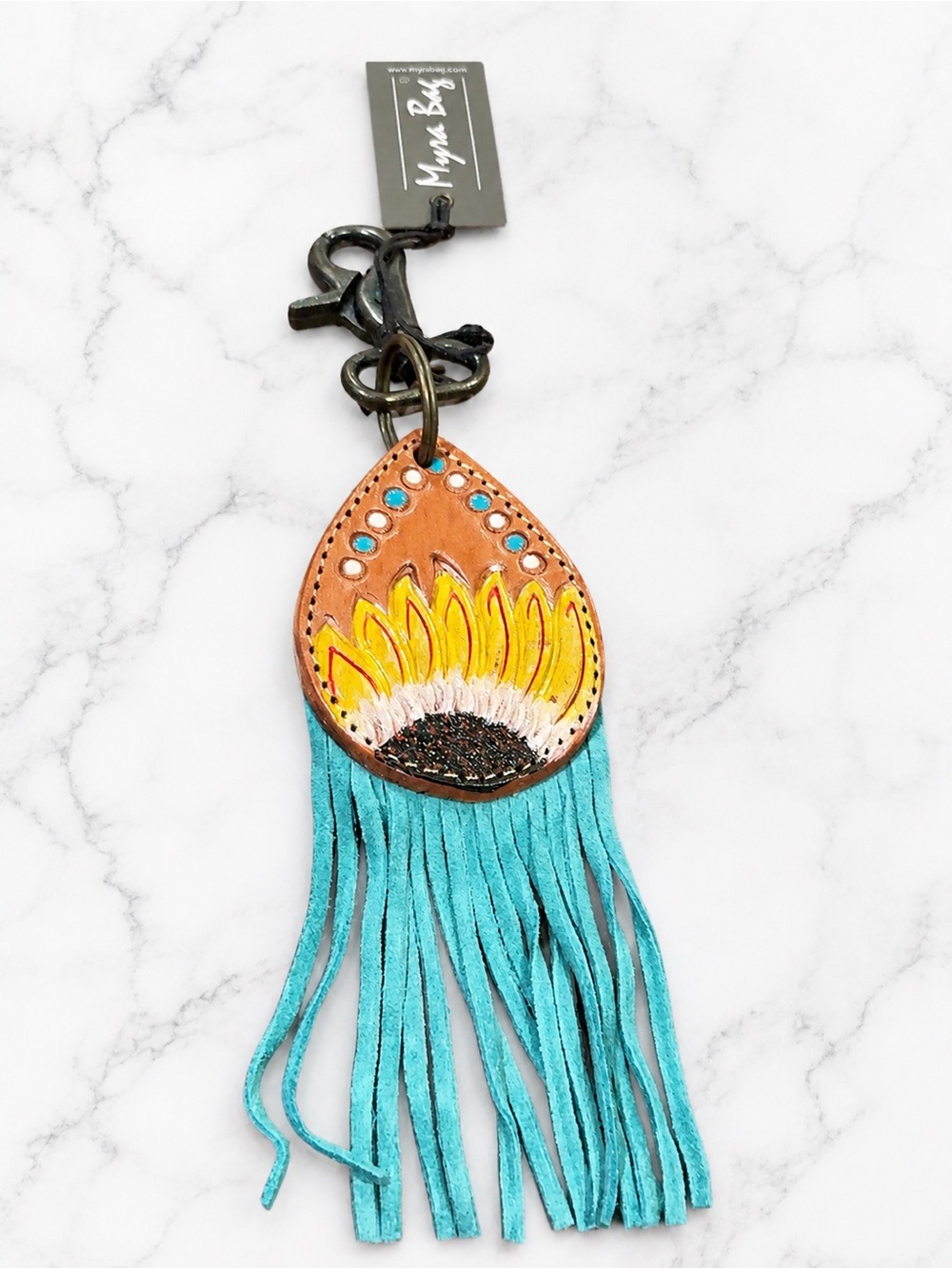 Myra Bag Sunflower Leather Fringe Keychain Turquoise Western NWT